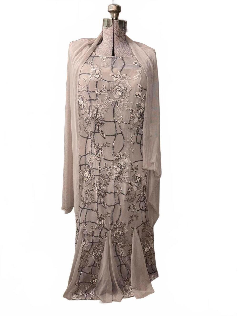 NWT beige sequin embroidered Alex evenings, two piece gown detachable shawl